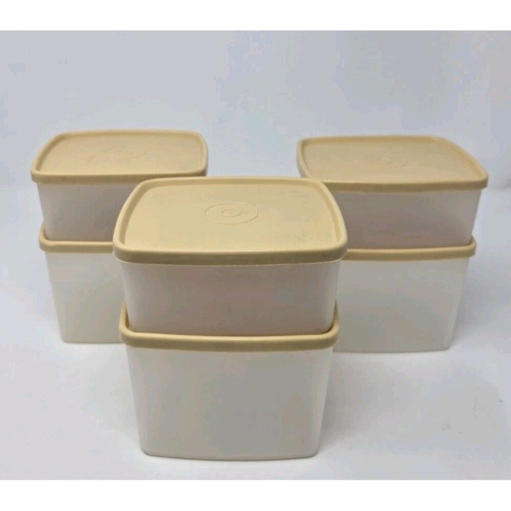 VINTAGE TUPPERWARE LOT OF 12 FOOD STORAGE CONTAINERS KHAKI SAND LIDS STACKABLE